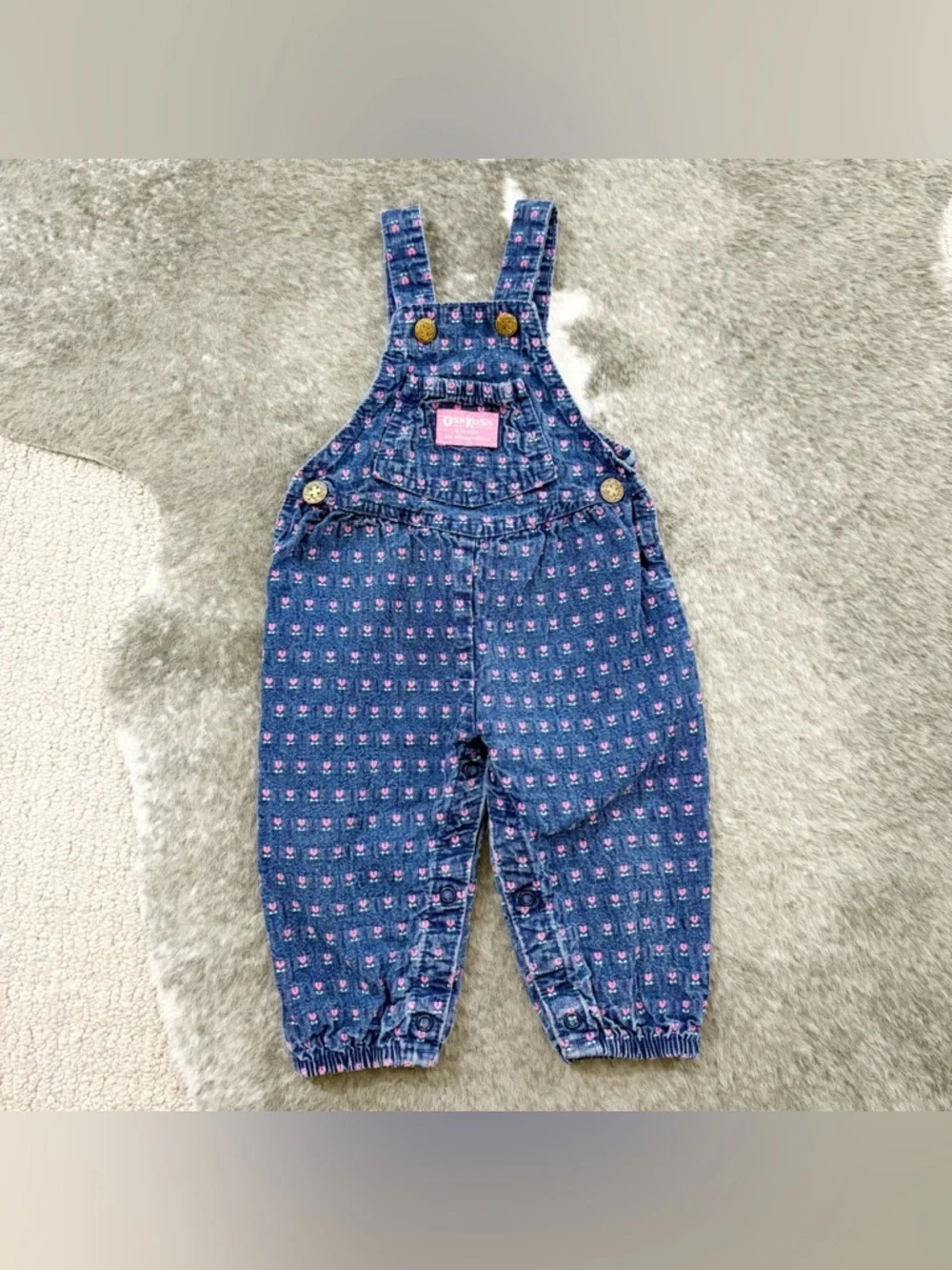 Vintage Union Made OshKosh B'gosh Pink Floral Blue Denim Overalls 12M